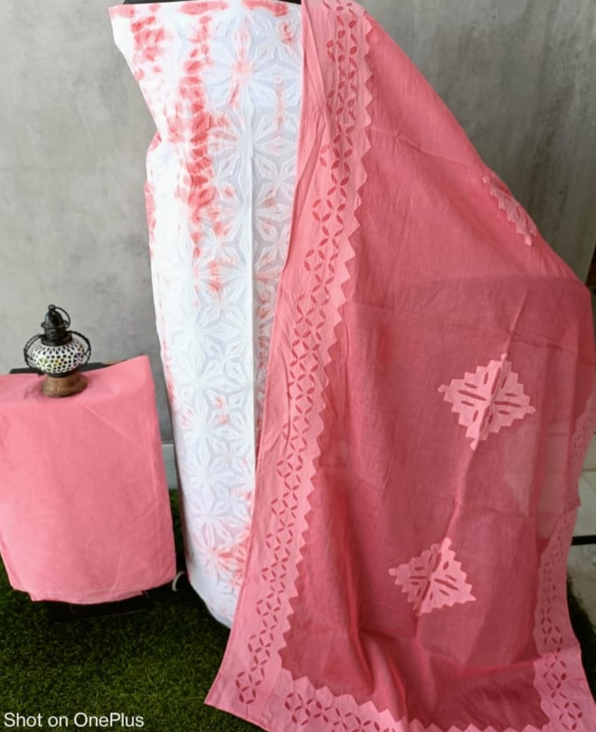 Elegant Unstitched Tie & Dye Cotton and Organdy Suit with Applique Detailing - 3 Piece