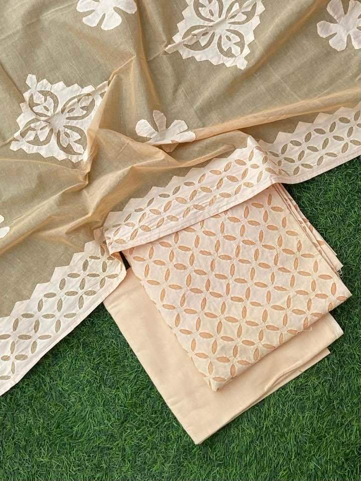 Premium Handcrafted Applique Work in Cotton & Organdy Unstitched Suit | 3-Piece