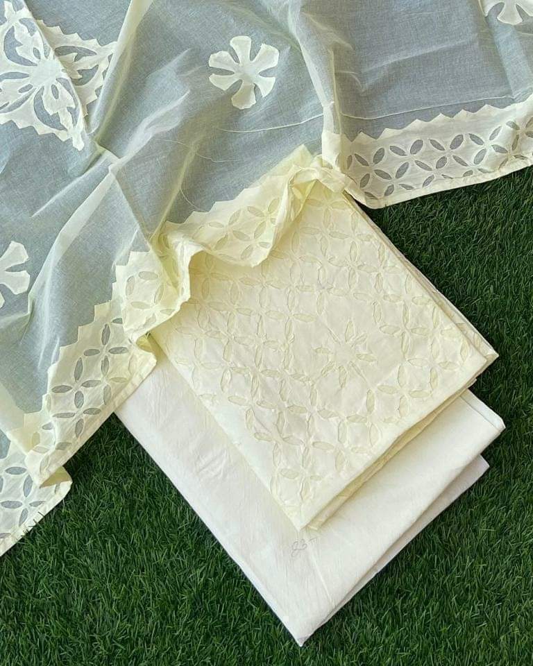Premium Handcrafted Applique Work in Cotton & Organdy Unstitched Suit | 3-Piece