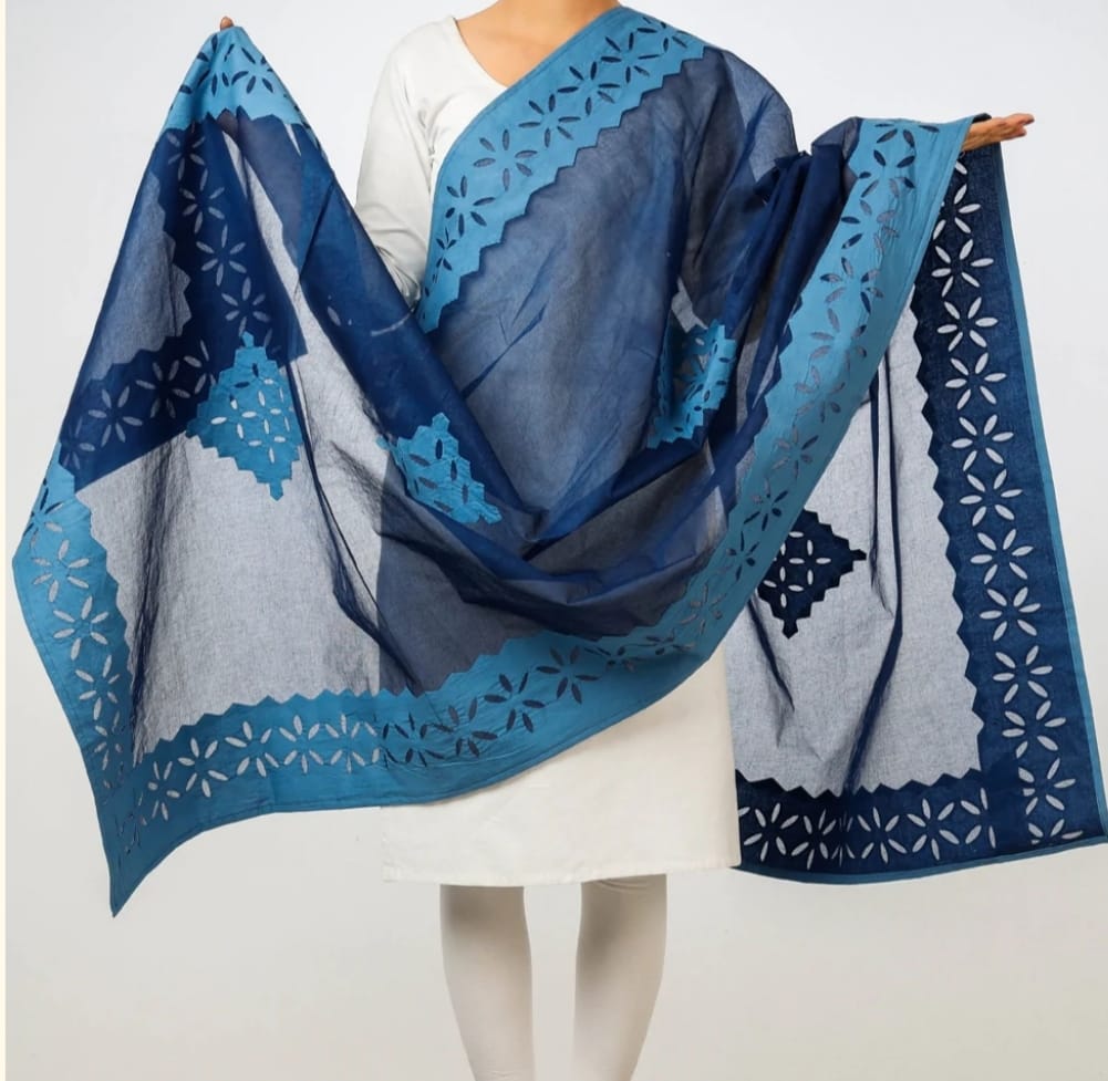 Premium Handcrafted Applique Work Dupatta in Organdy & Cotton (2.5m x 34")