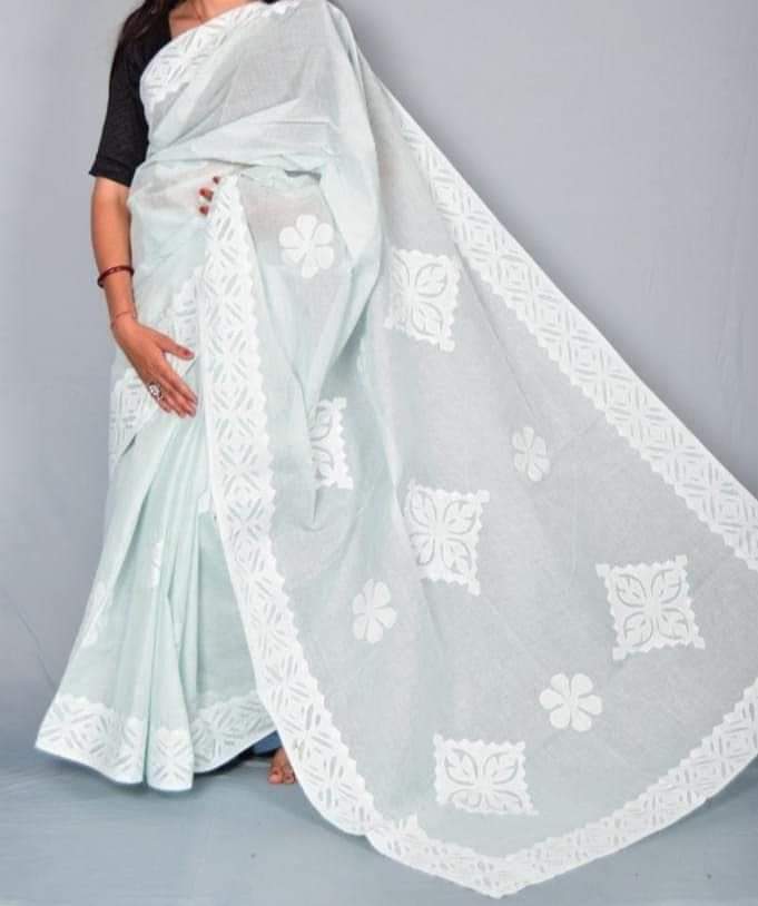 Handmade Applique Work Saree - Organdy & Cotton 5.5m Saree with 80" Blouse