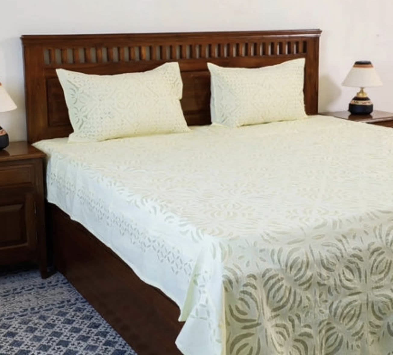 Handcrafted Applique Double Bedsheet (90"x108") with Pillow (17"x27") in Cotton with Organdy Accents