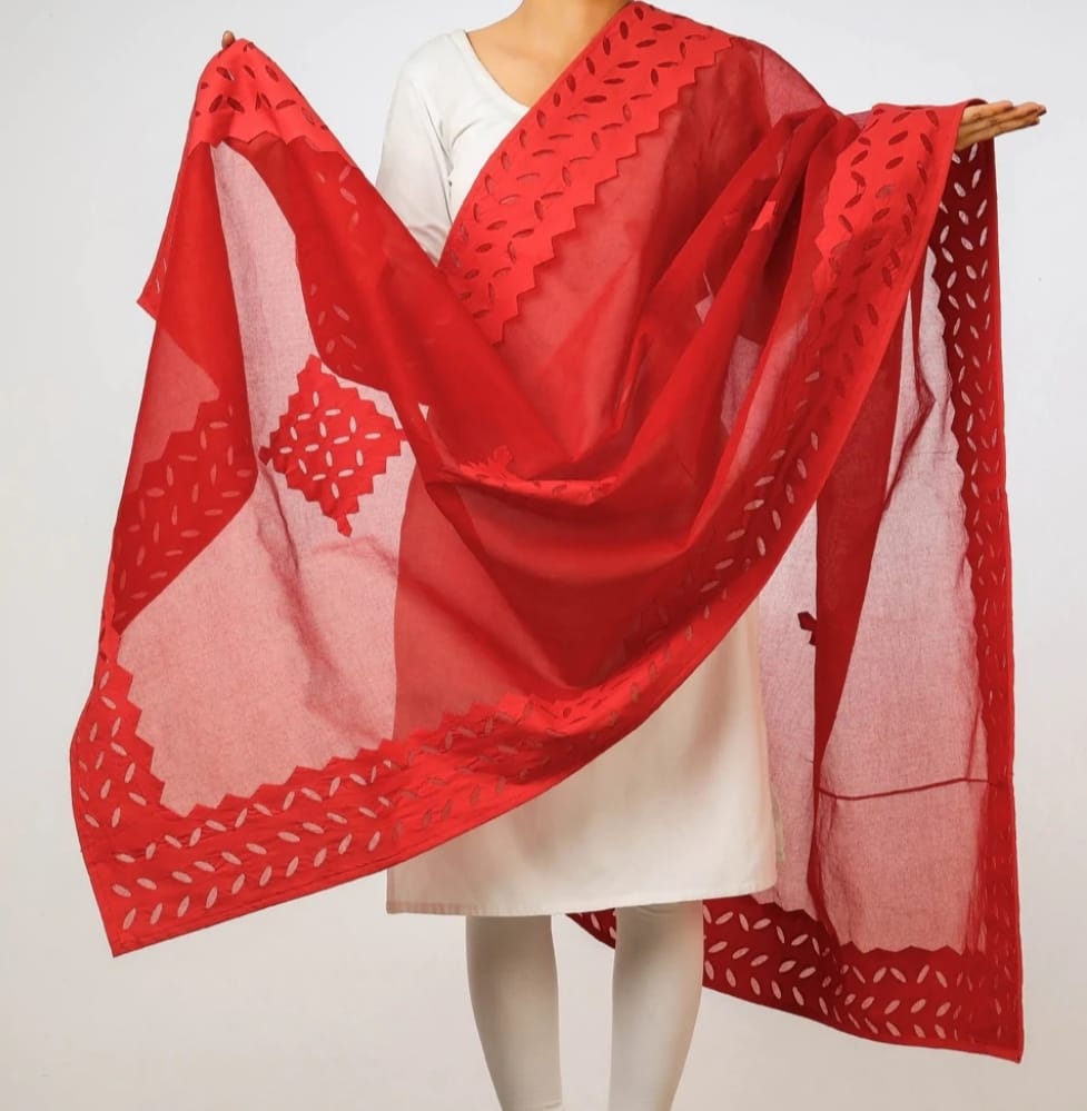 Premium Handcrafted Applique Work Dupatta in Organdy & Cotton (2.5m x 34")