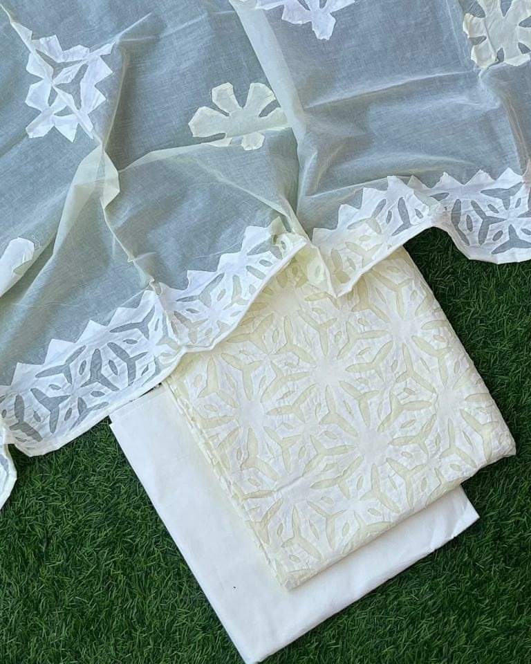 Premium Handcrafted Applique Work in Cotton & Organdy Unstitched Suit | 3-Piece