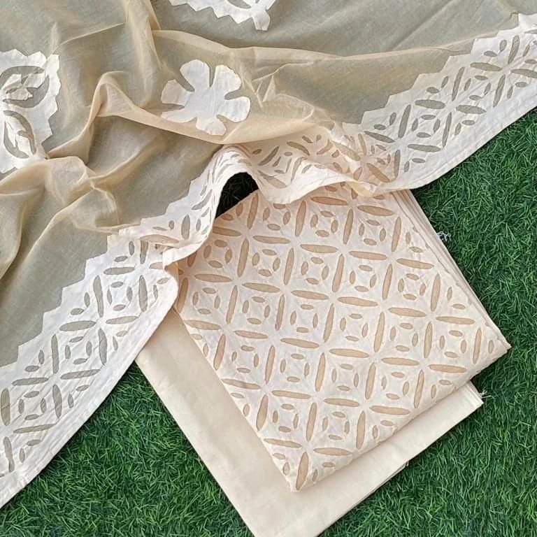 Premium Handcrafted Applique Work in Cotton & Organdy Unstitched Suit | 3-Piece