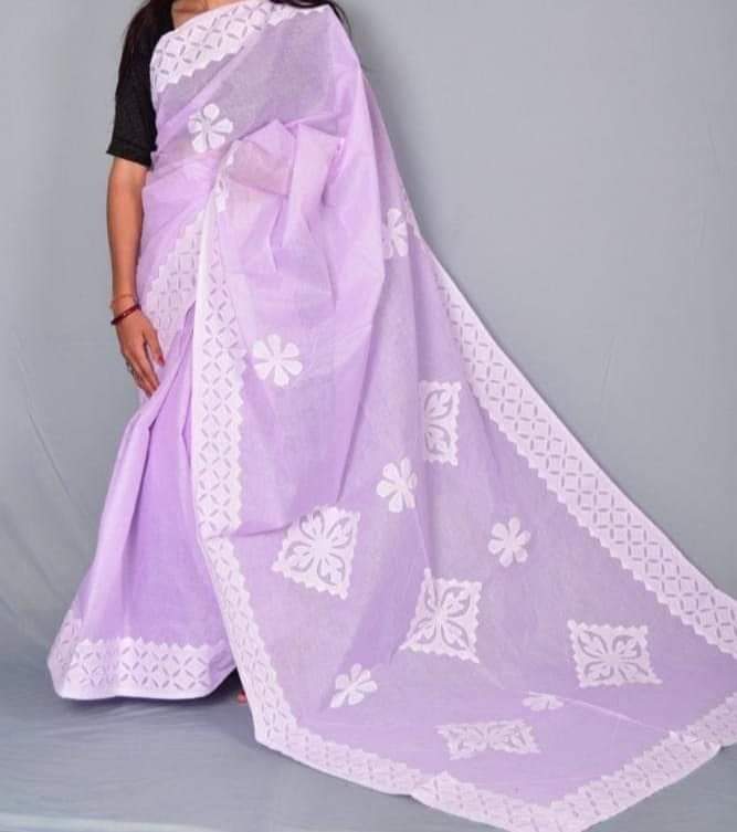Handmade Applique Work Saree - Organdy & Cotton 5.5m Saree with 80" Blouse