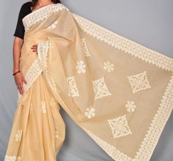 Handmade Applique Work Saree - Organdy & Cotton 5.5m Saree with 80" Blouse