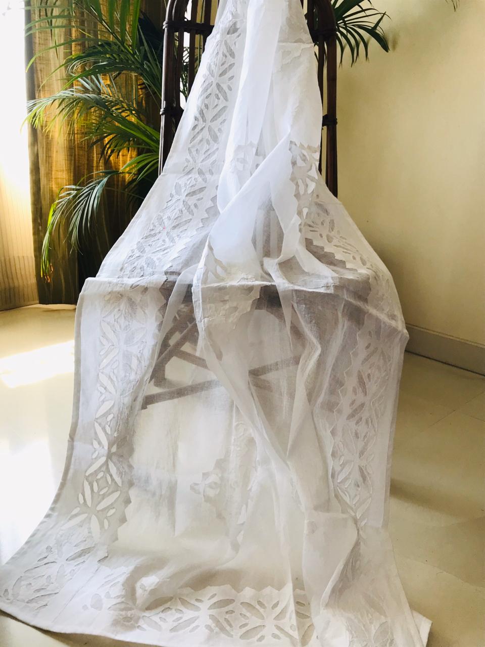 Handcrafted Premium Full-Size Applique Work Dupatta | Organdy Cotton | 43" x 2.5m